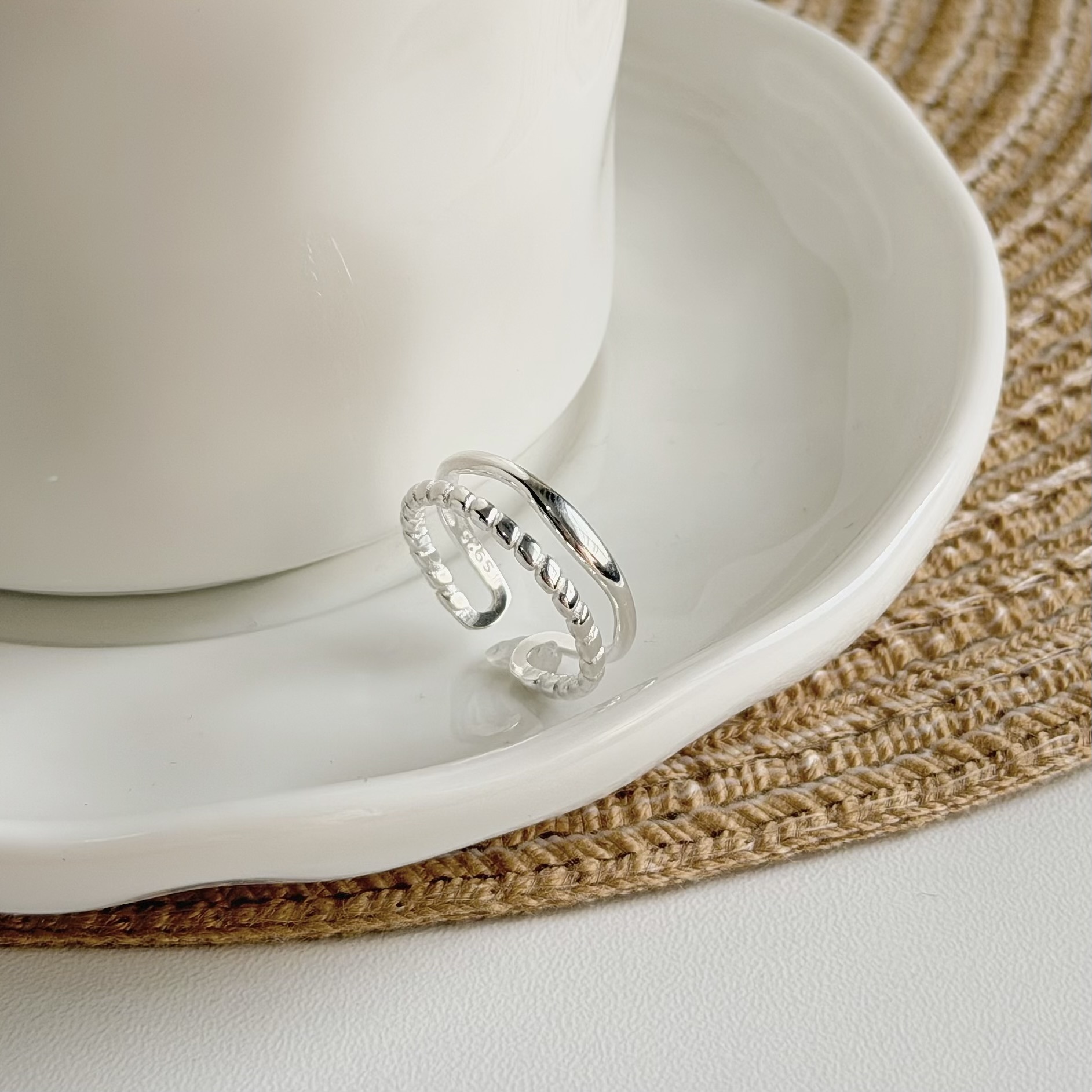 U121切割波浪雙層純銀戒指