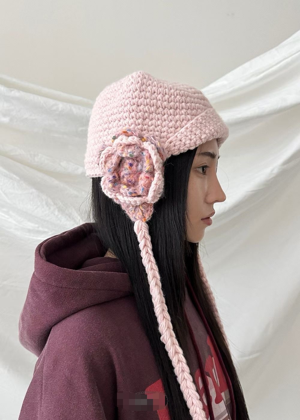 毛線花遮耳帽