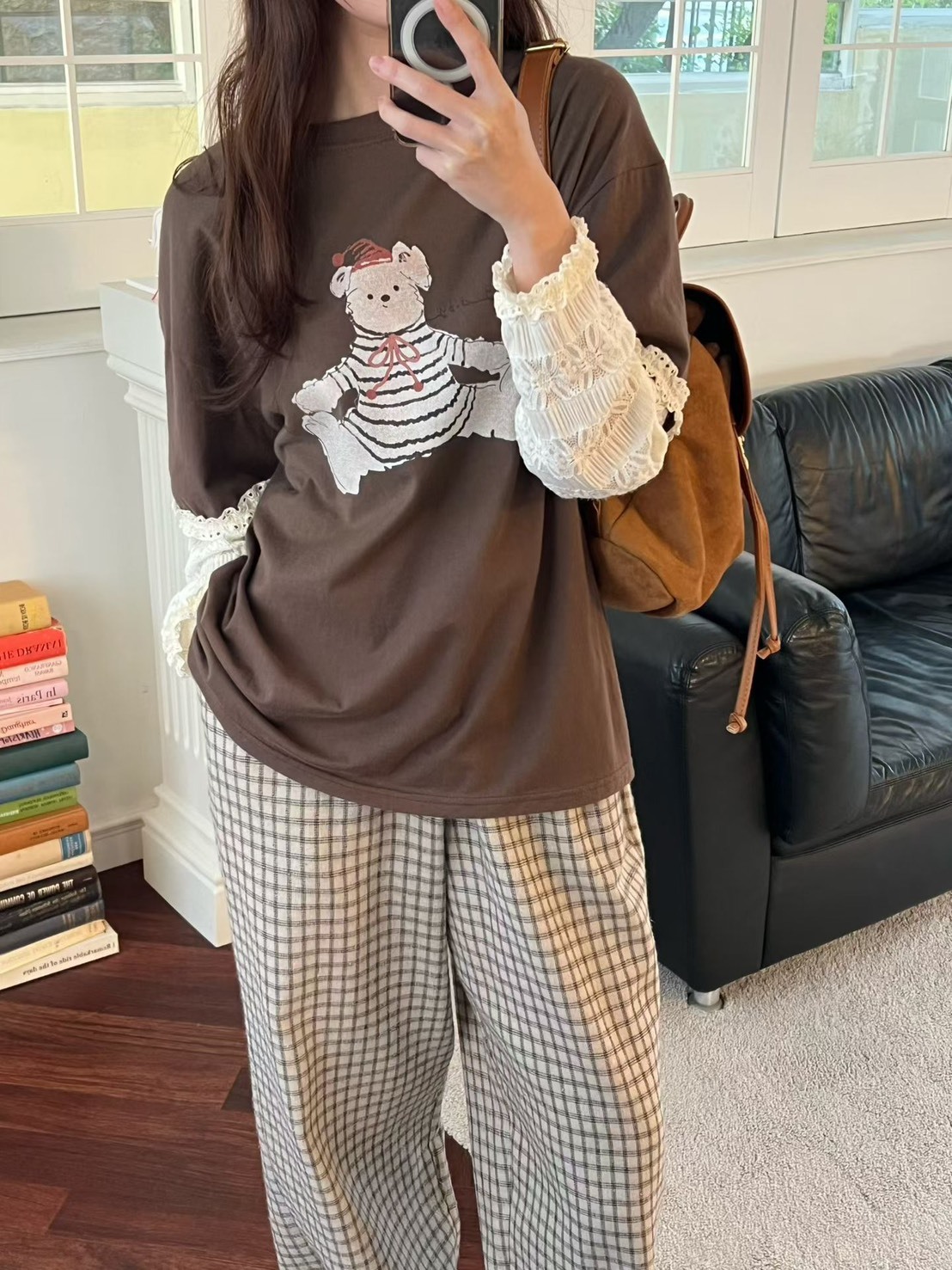條紋熊蕾絲袖T