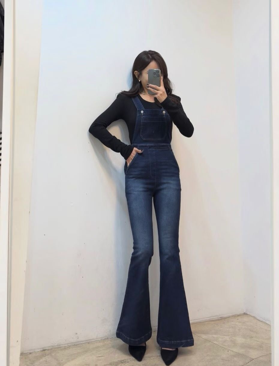 牛仔吊帶喇叭長褲