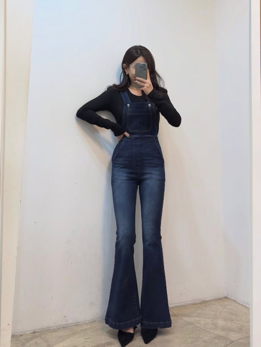 牛仔吊帶喇叭長褲