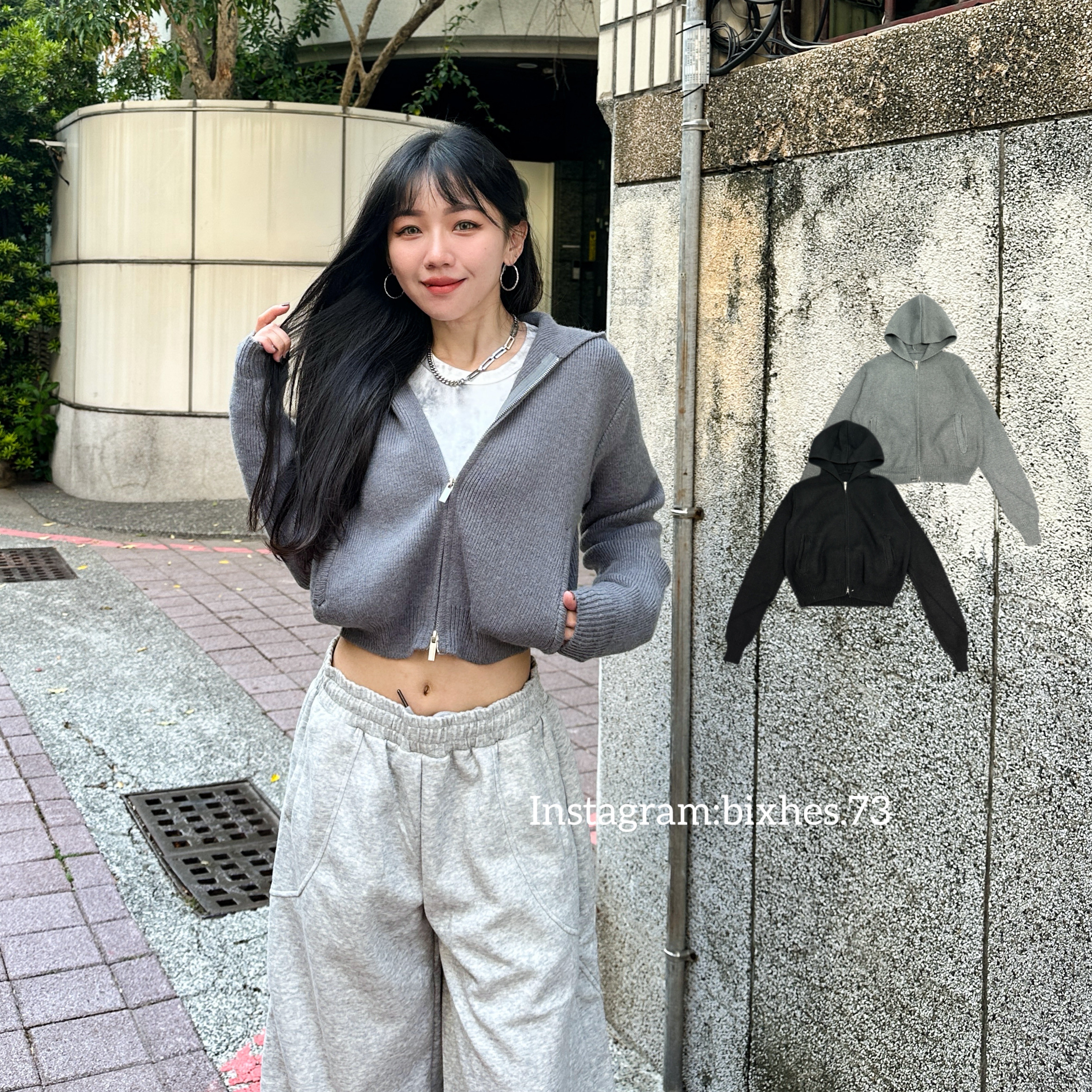 連帽短款雙拉鏈毛衣外套(F00018)