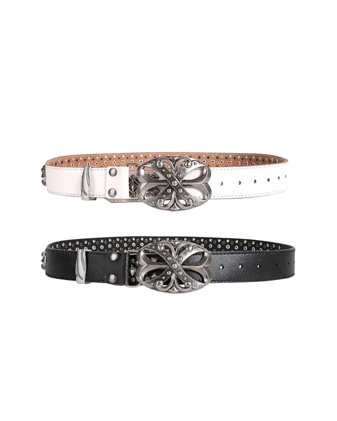 DND4DES Studded Rhinestone Carved Buckle Leather Belt