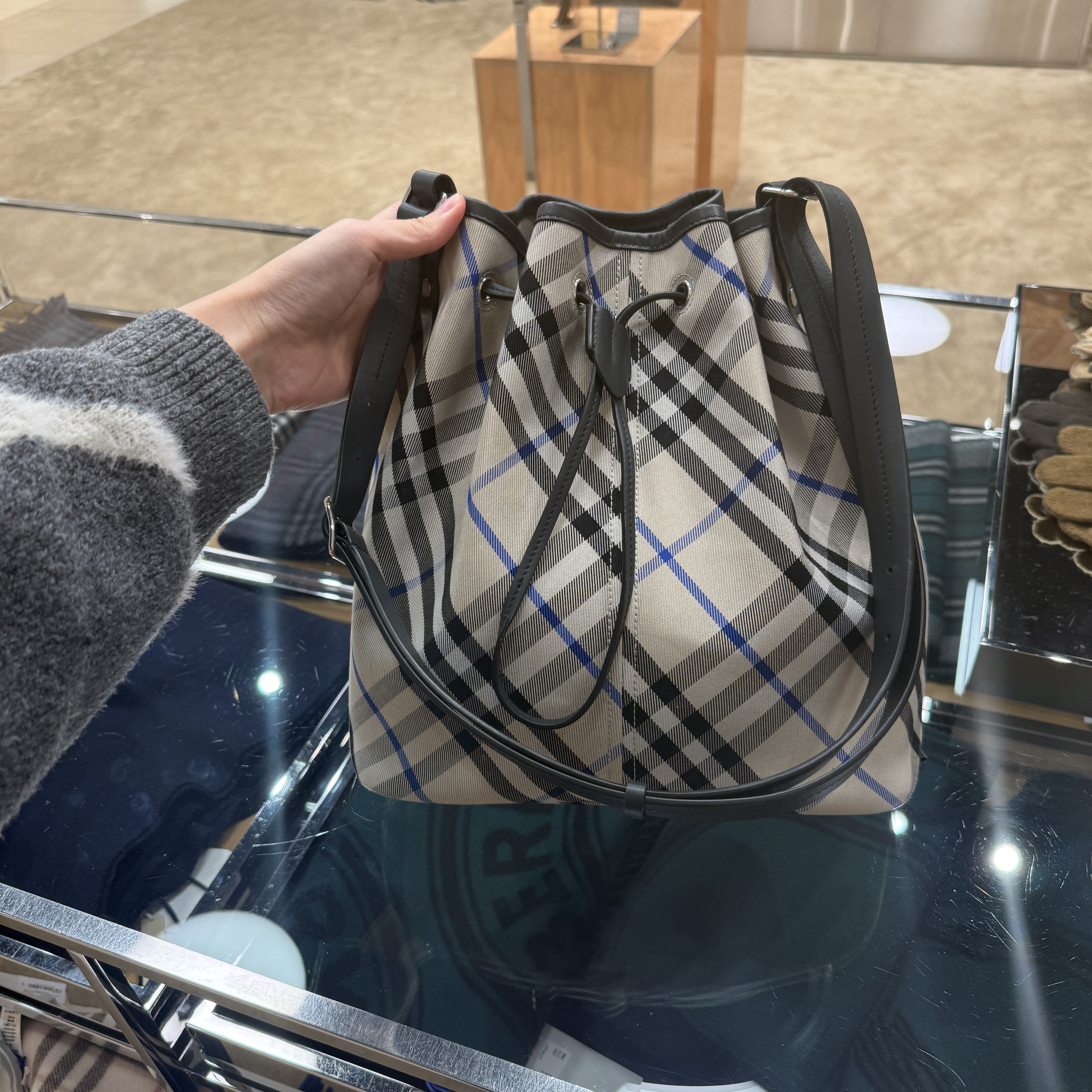 Burberry Medium Drawstring bucket bag check lichen