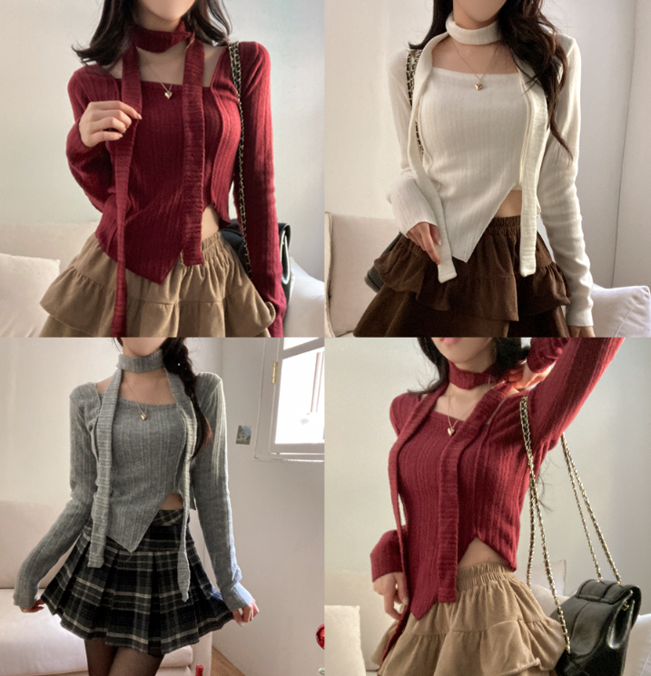 秋冬預訂｜抓絨側開衩長袖上衣+圍巾SET