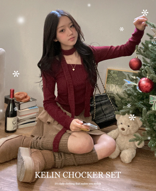 秋冬預訂｜抓絨側開衩長袖上衣+圍巾SET