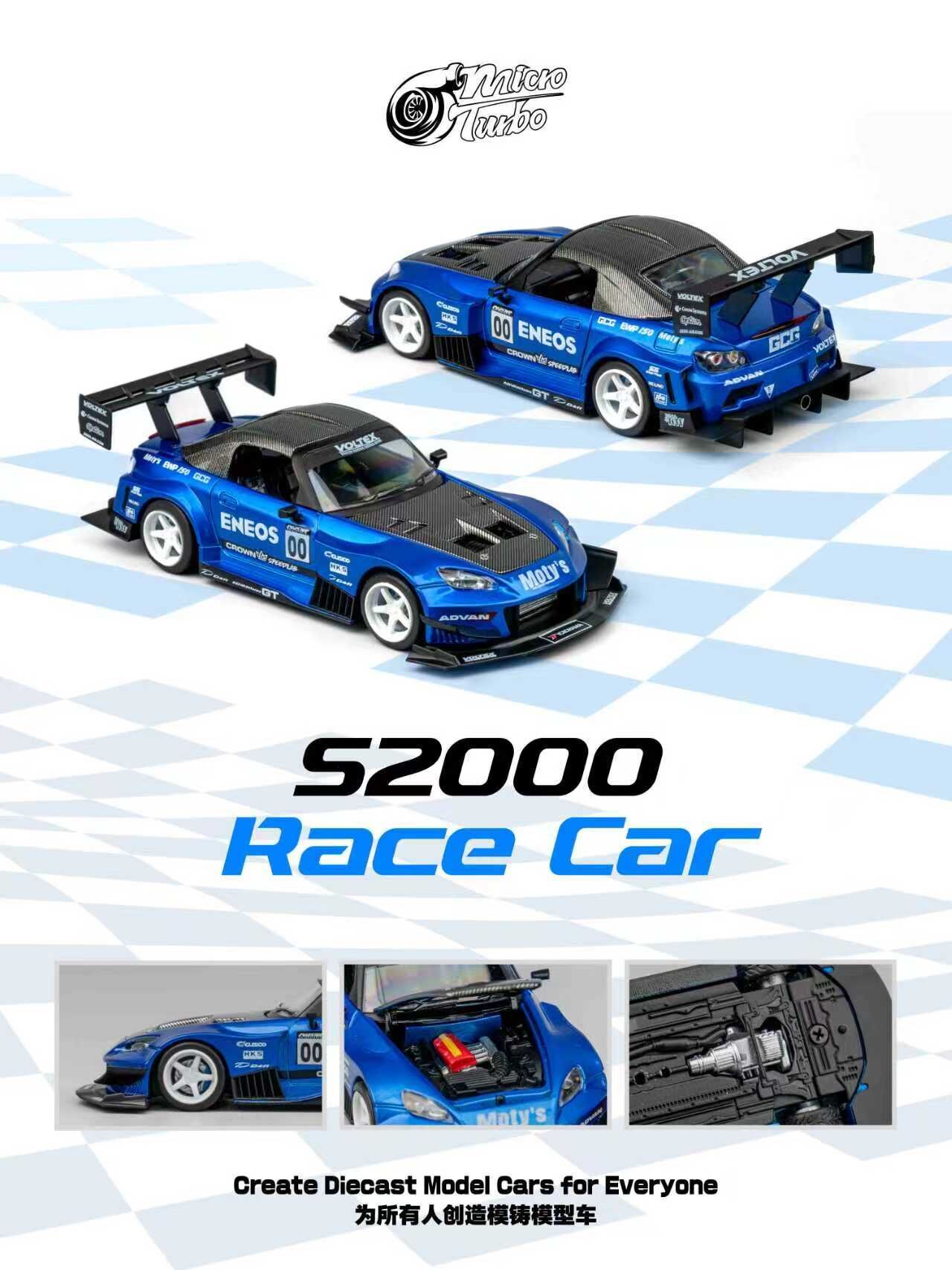 PO-$260 * MICRO TURBO * 1:64 HONDA S2000 AP1 RACE CAR TRANSPARENT BLUE ENEOS