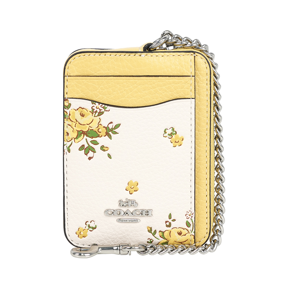 【COACH】花朵圖案粒紋皮革L型拉鍊卡夾/零錢包(白色/黃色)