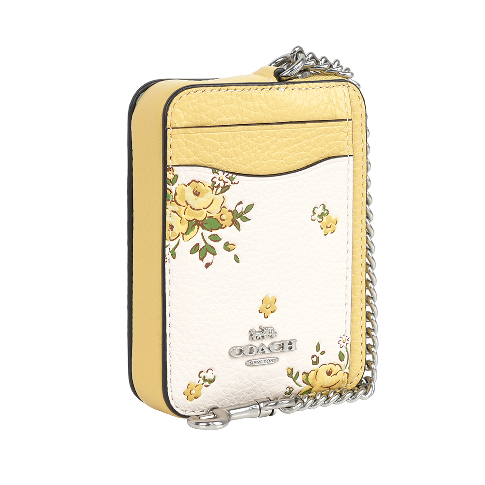 【COACH】花朵圖案粒紋皮革L型拉鍊卡夾/零錢包(白色/黃色)