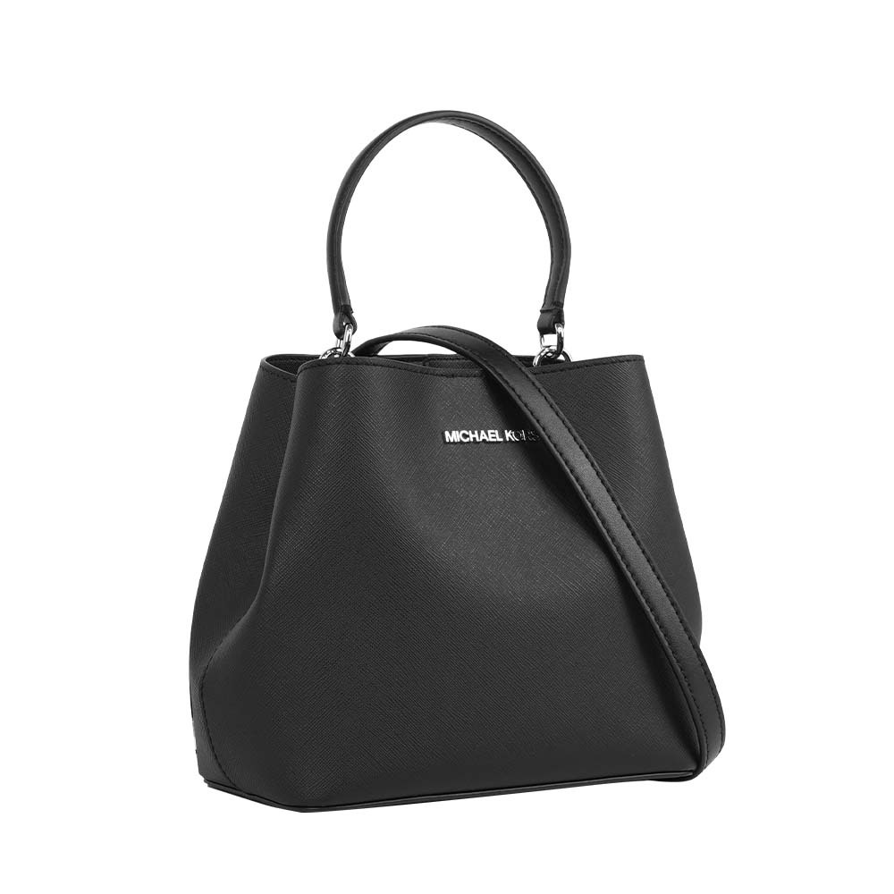 【Michael Kors】Pratt 銀字素面手提/斜背二用小款水桶包(黑色)