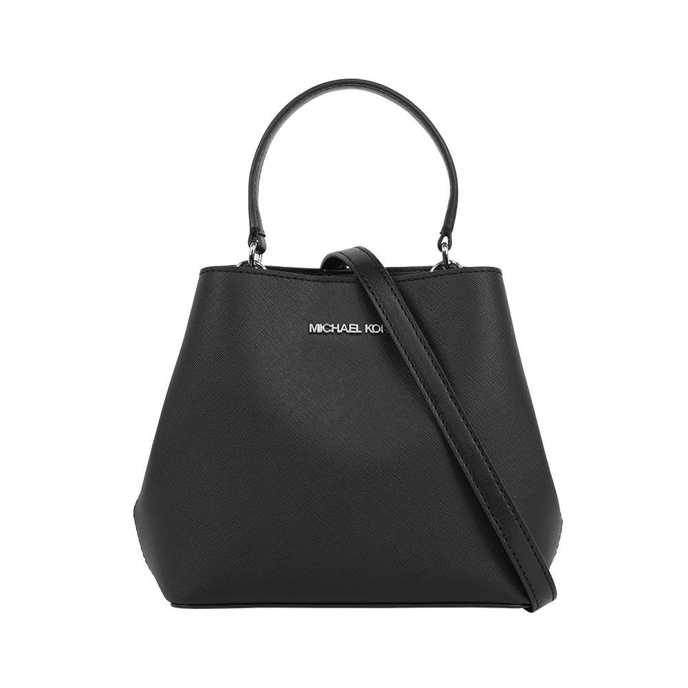 【Michael Kors】Pratt 銀字素面手提/斜背二用小款水桶包(黑色)