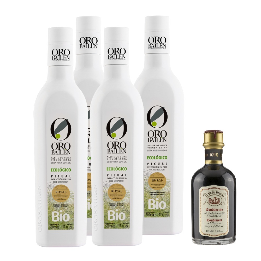 皇嘉有機特級冷壓初榨橄欖油Picual 500ml*4+典釀巴薩米克醋十年100ml