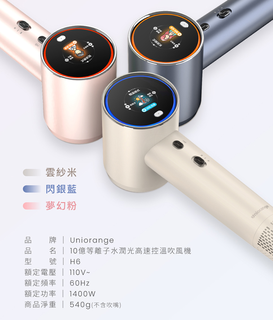 橙色雲,uniorange,吹風機,吹風機推薦,H6,等離子吹風機,負離子吹風機,護髮,控溫,磁吸吹嘴,柔順.抗毛躁,抗靜電,高速吹風機