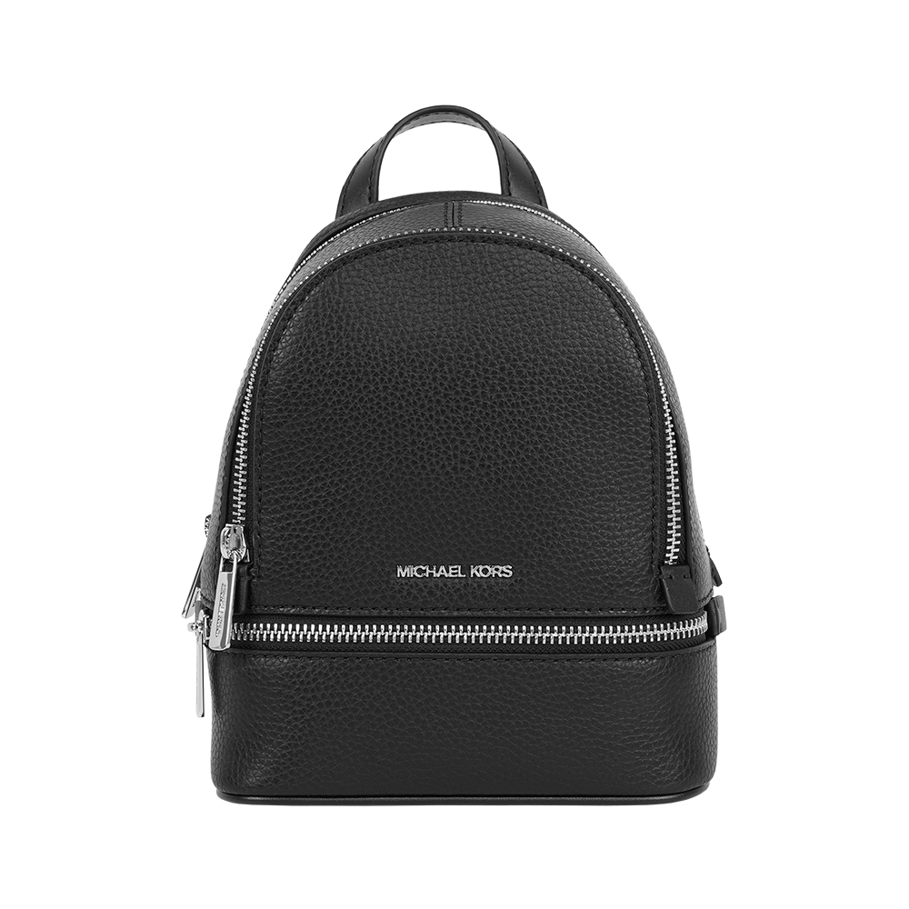 【Michael Kors】Rhea 銀字粒紋皮革拉鍊迷你後背包(黑色)