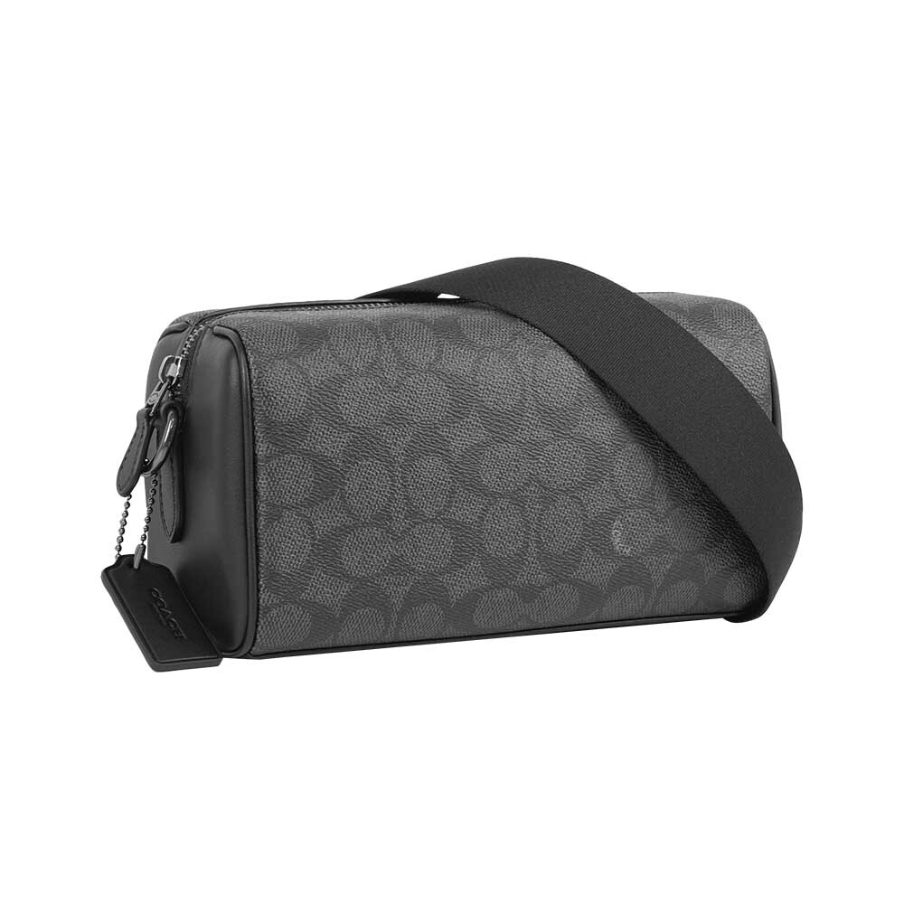 【COACH】Axel 塗層帆布及牛皮附拉鍊小袋斜背包(炭灰/黑色)