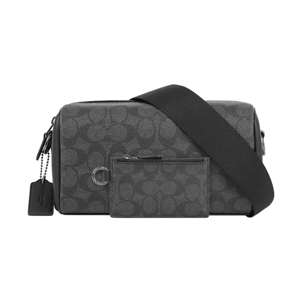 【COACH】Axel 塗層帆布及牛皮附拉鍊小袋斜背包(炭灰/黑色)