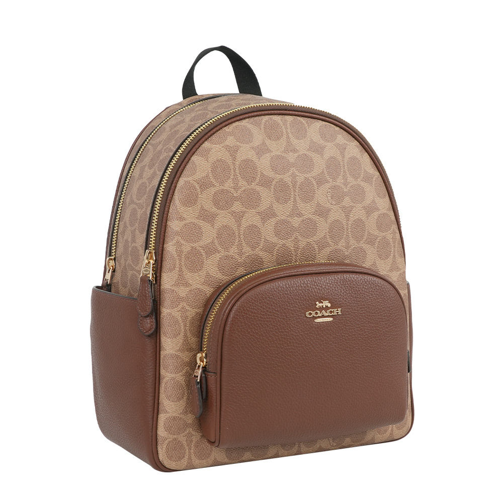 【COACH】Court 金釦塗層帆布及皮革口袋後背包(棕褐色/棕色)
