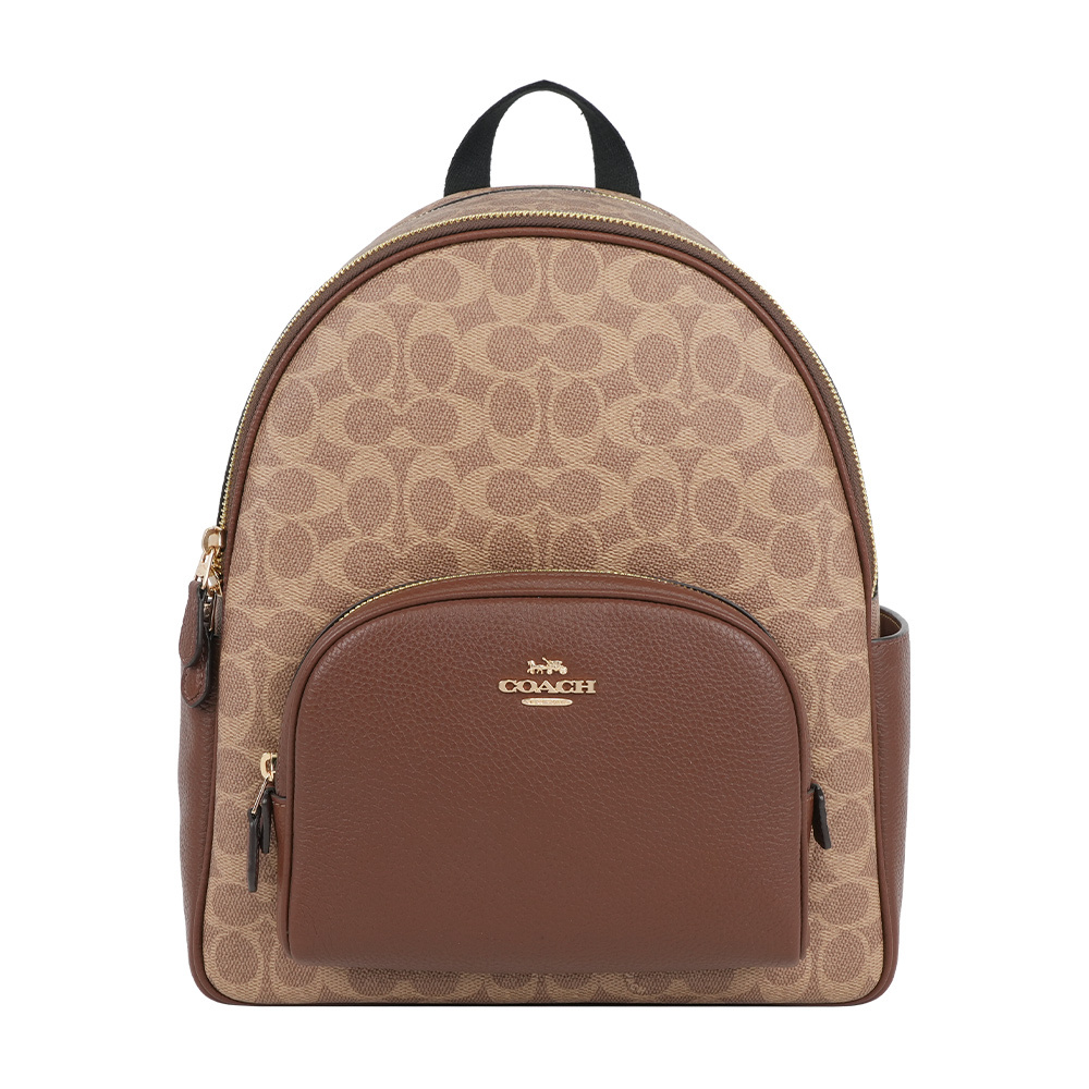 【COACH】Court 金釦塗層帆布及皮革口袋後背包(棕褐色/棕色)