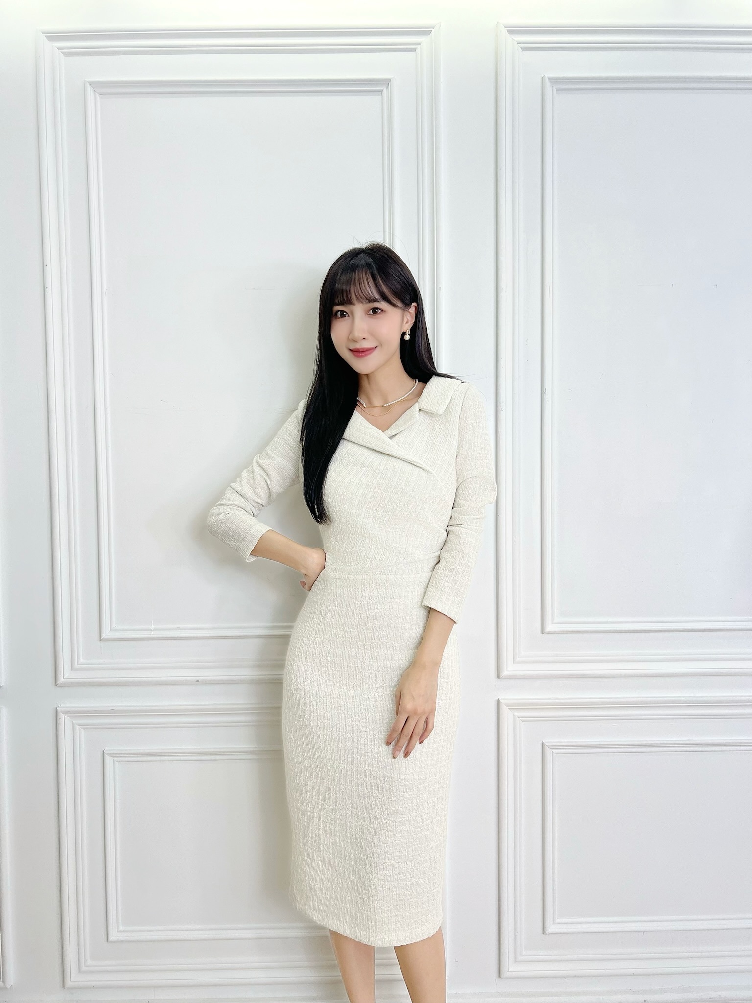 翻領金蔥毛呢合身洋裝