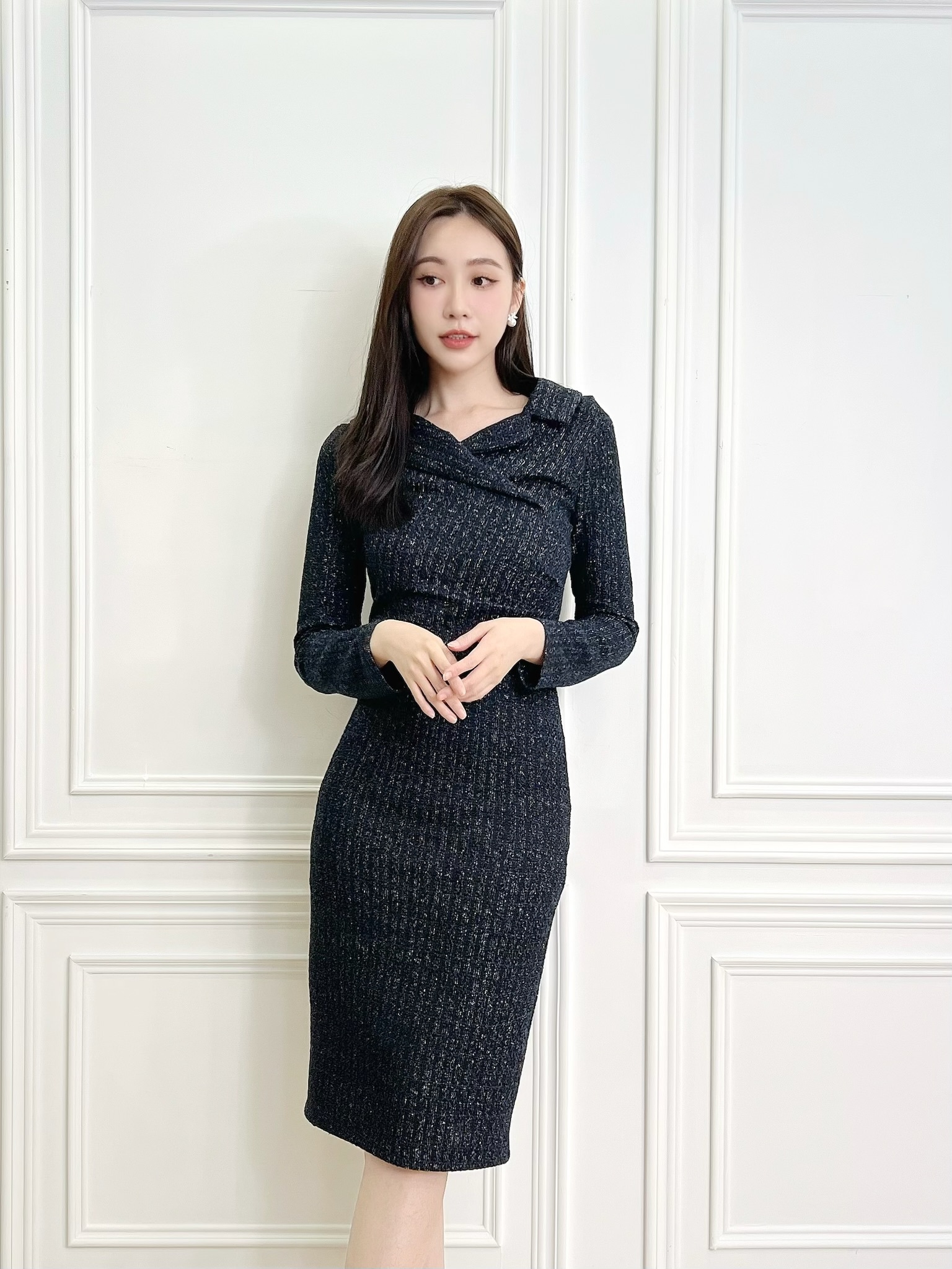 翻領金蔥毛呢合身洋裝