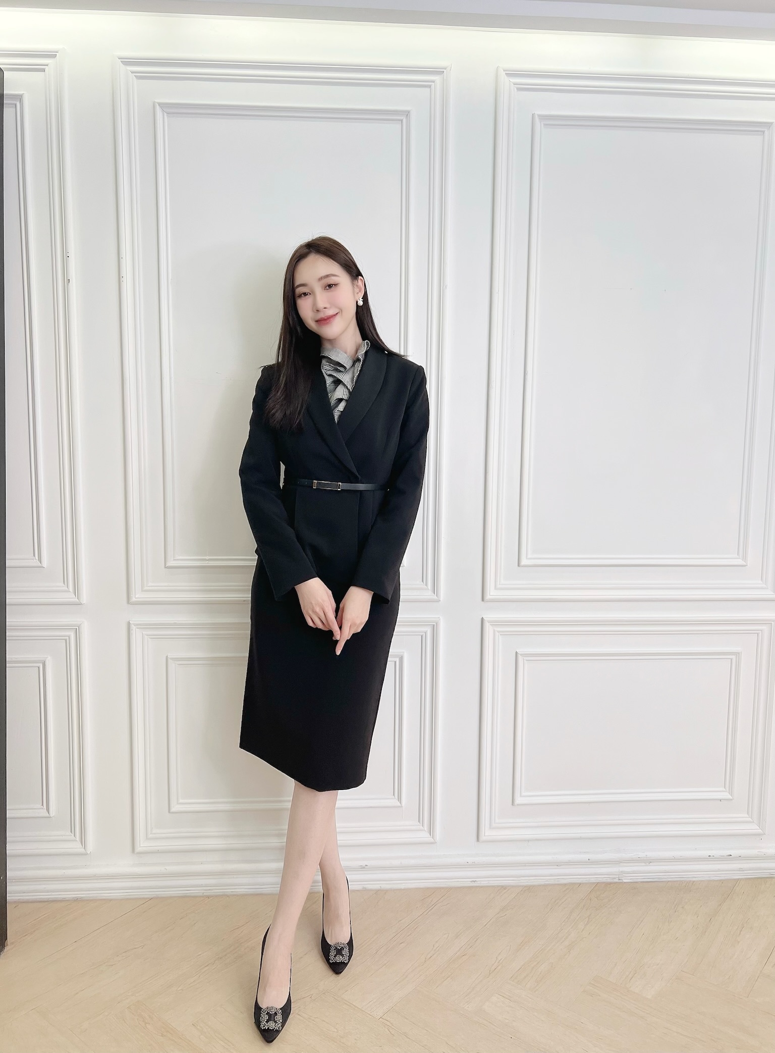 翻領腰帶荷葉腰身套裝(裙/褲可選) - 黑