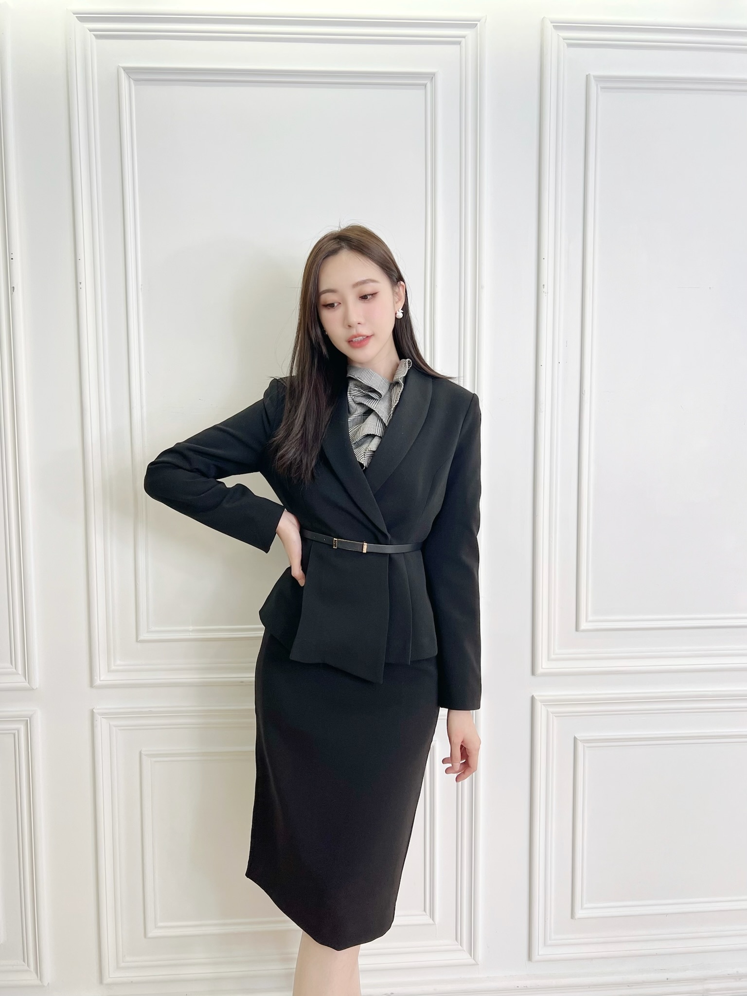 翻領腰帶荷葉腰身套裝(裙/褲可選) - 黑