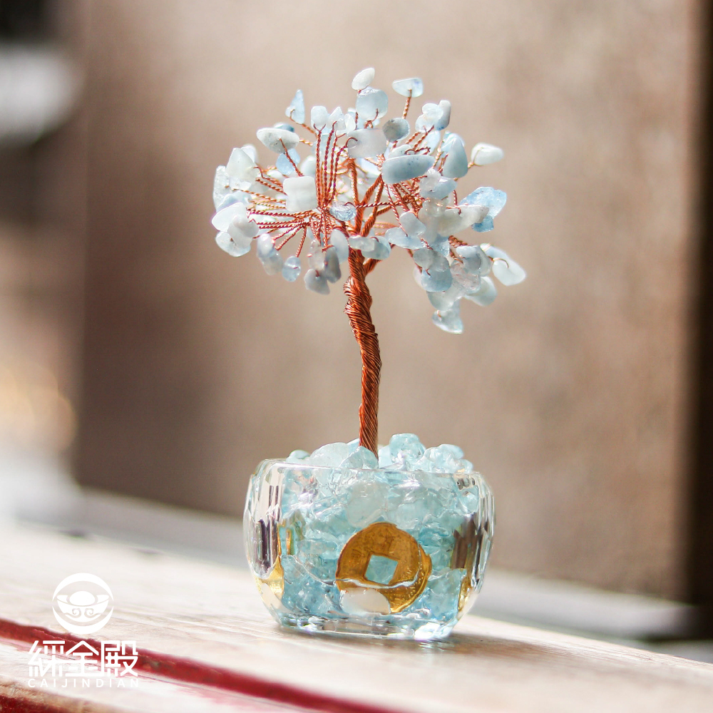五帝錢招財聚富琉璃水晶發財樹-海藍寶｜過爐加持｜招財樹｜正能量｜財運【綵金殿】