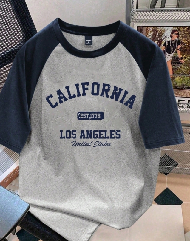 KADMAX大尺碼-大碼男海軍藍與淺花色拼接短袖TEE〈KSMS2597〉