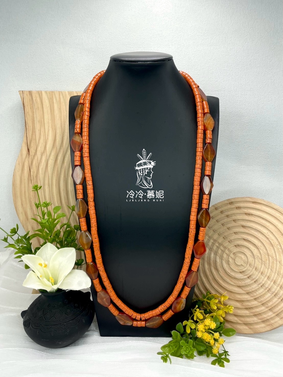 W-No.14傳統做舊橘珠瑪瑙兩條式複串長鍊80cm