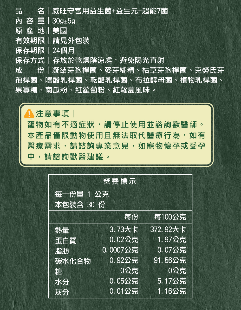 威旺WeWant 守宮用益生菌＋益生元-超能7菌30g，成分說明