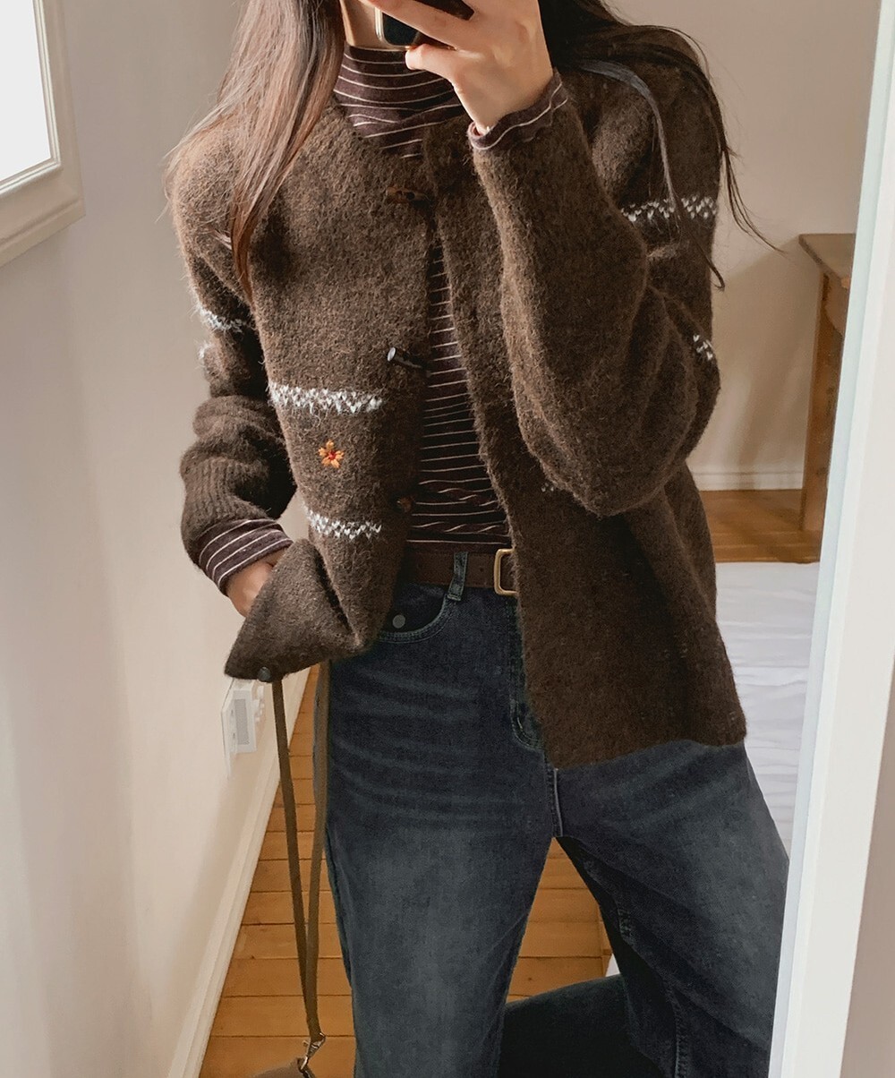 韓國grace muse授權 暖森花影混羊毛緹花牛角扣毛衣