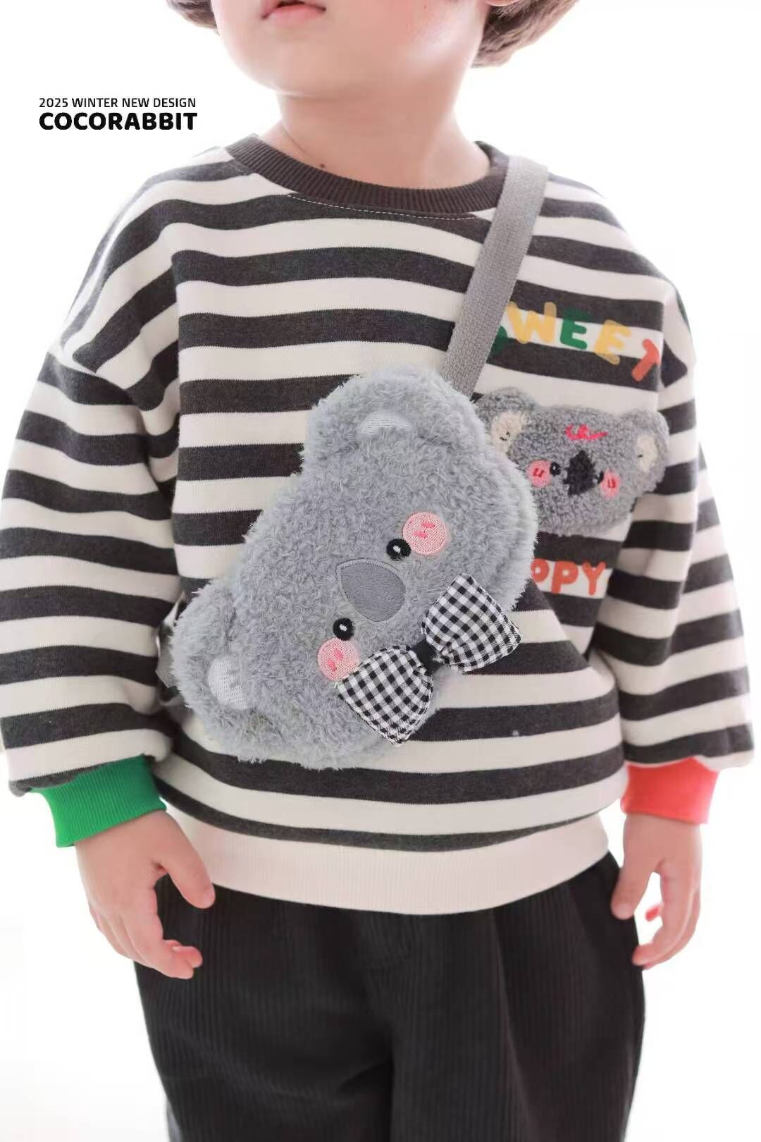 CRB11T005BK  coco rabbit 黑白橫間樹熊衛衣連樹熊袋