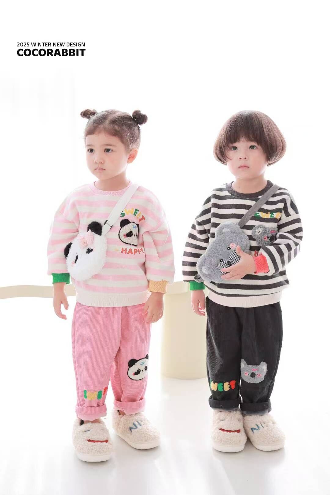 CRB11B006BK coco rabbit 灰黑樹熊燈芯絨褲