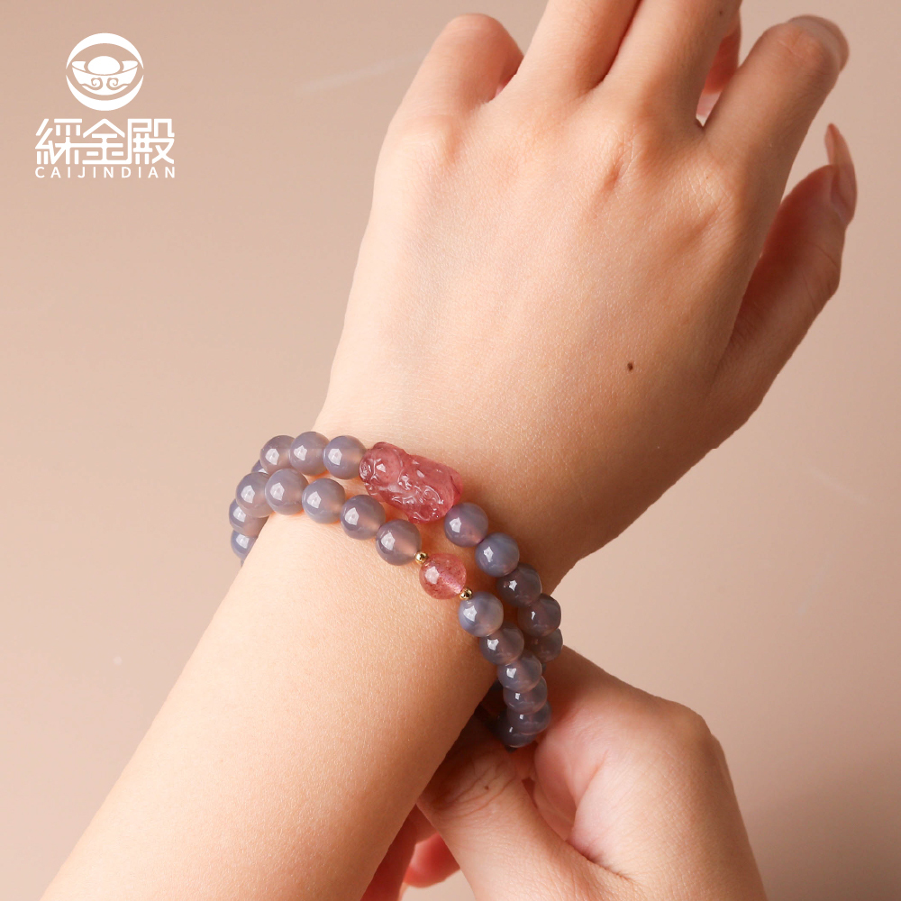 紫瑪瑙招財貔貅水晶能量手珠｜雙圈｜辟邪化煞｜招貴人｜招財旺運｜草莓晶【綵金殿】
