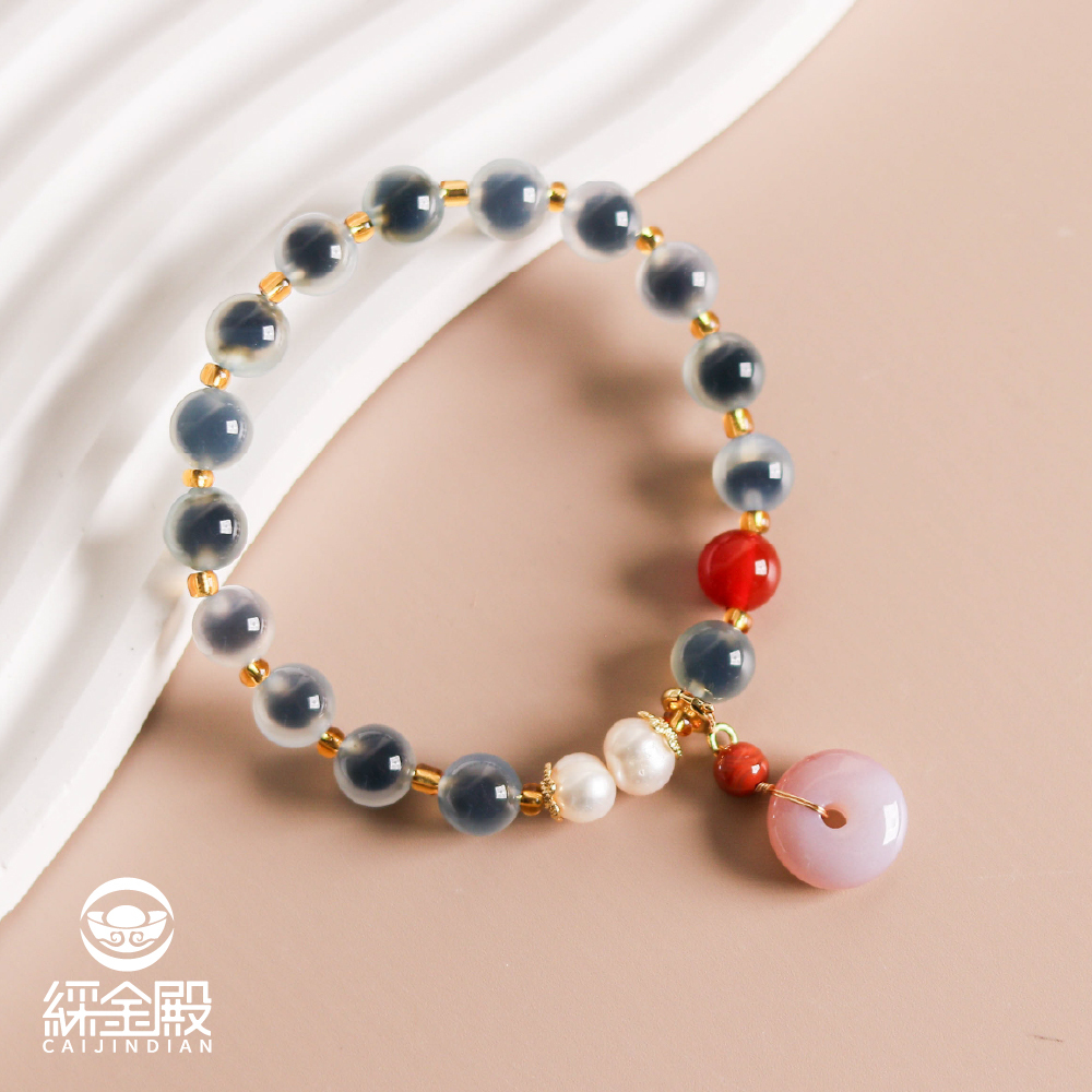 藍心瑪瑙開智慧平安扣水晶能量手珠｜感情穩定｜人緣財運｜水晶能量｜草莓晶【綵金殿】