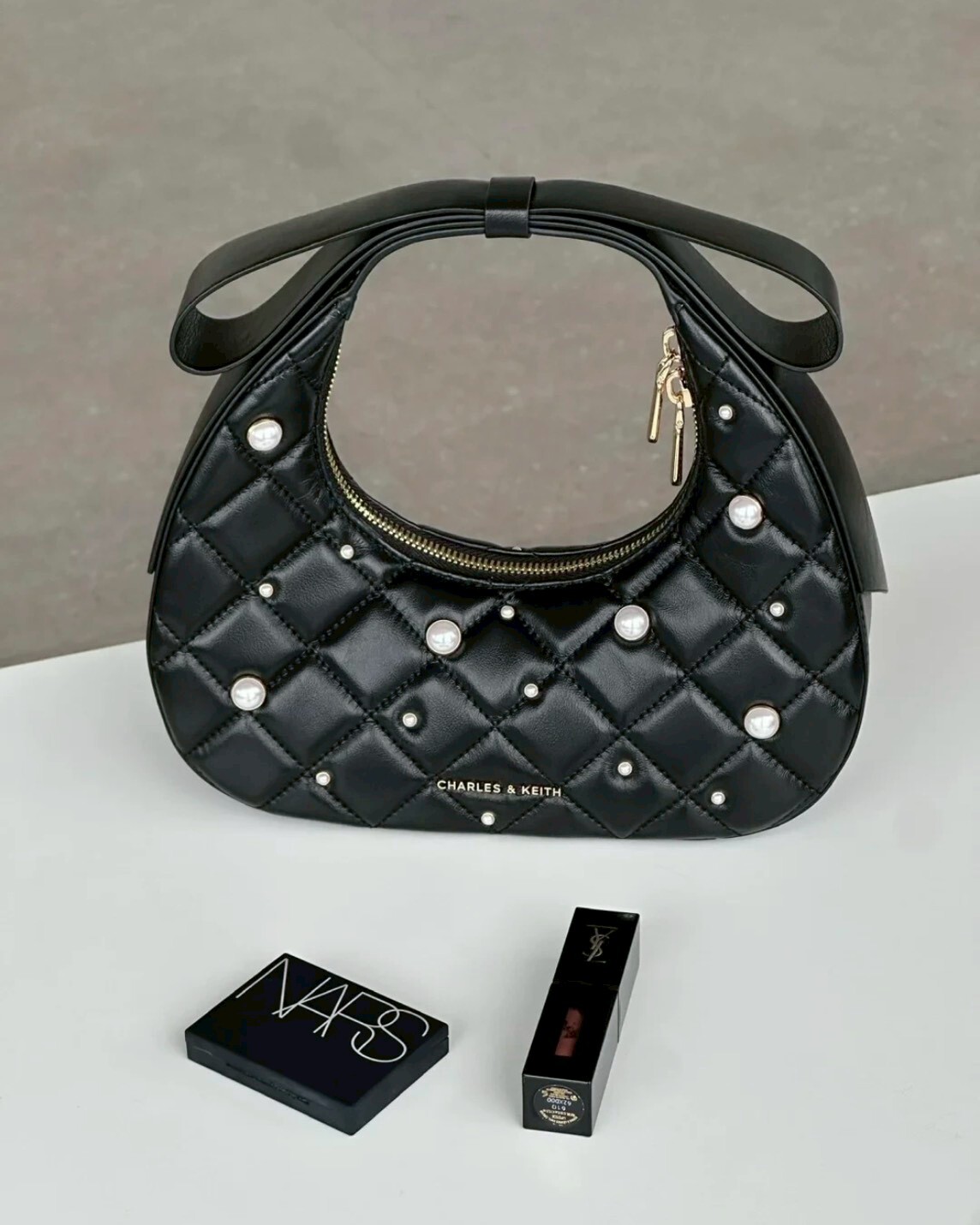 CHARLES & KEITH 小CK 聖誕限定 Janie 珍珠 黑菱格 卡夾 手提包 肩背包 鍊條包