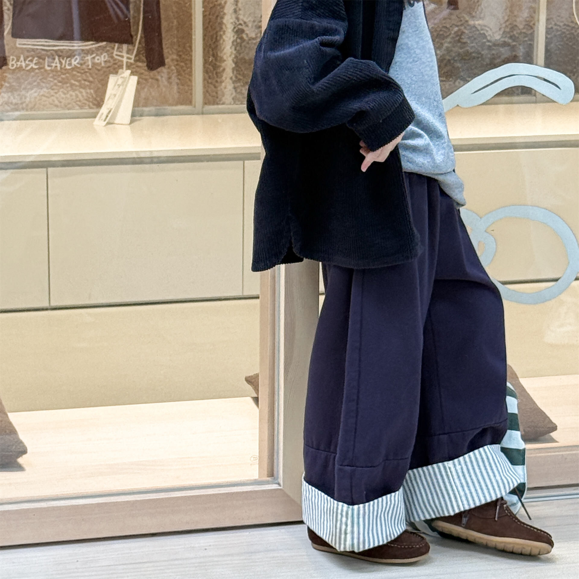 反摺直條褲腳寬褲(80-130)