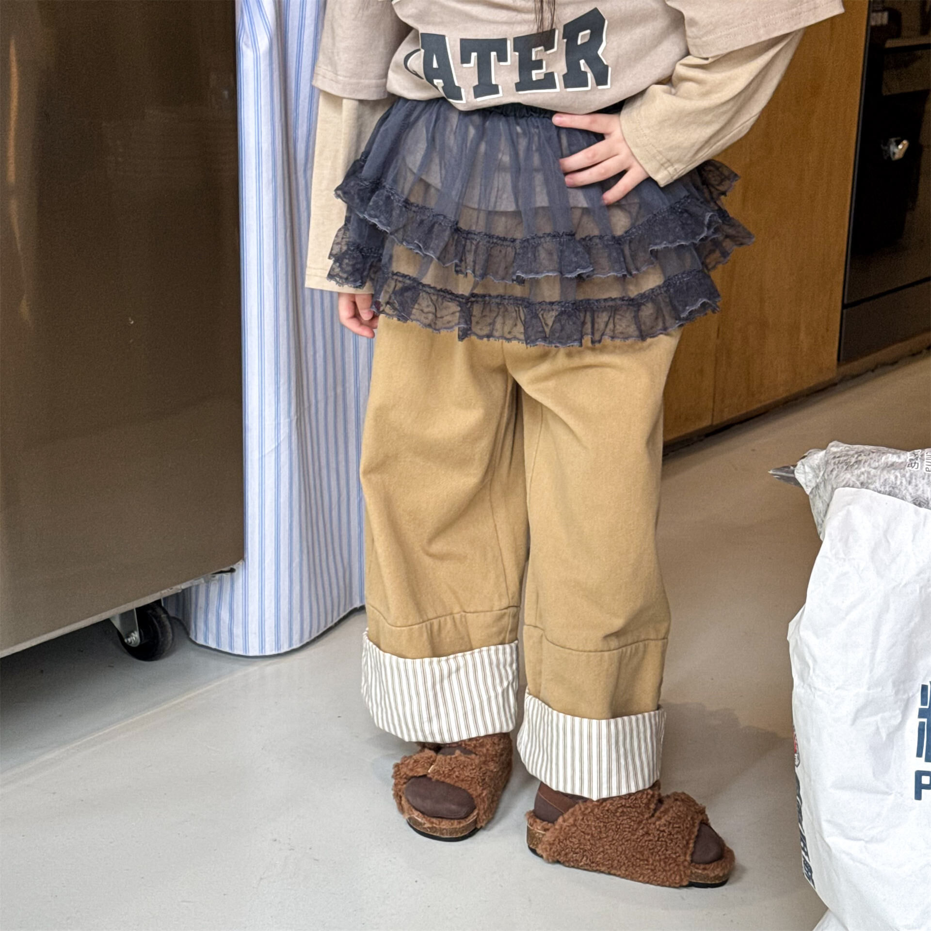 反摺直條褲腳寬褲(80-130)