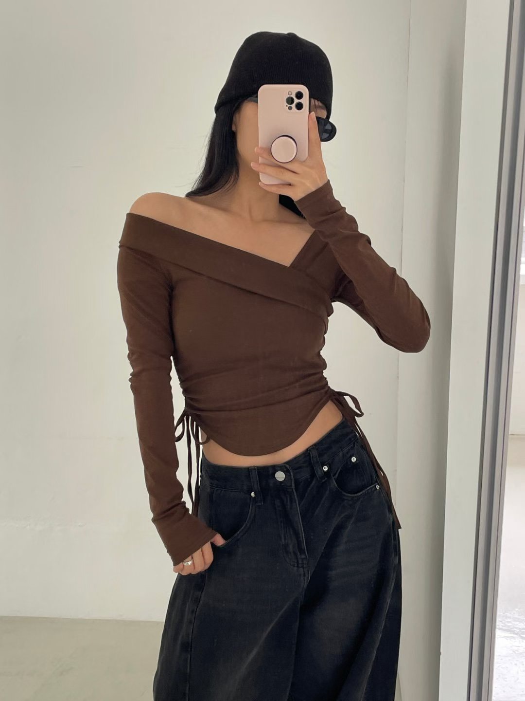 不對稱抽繩短版t