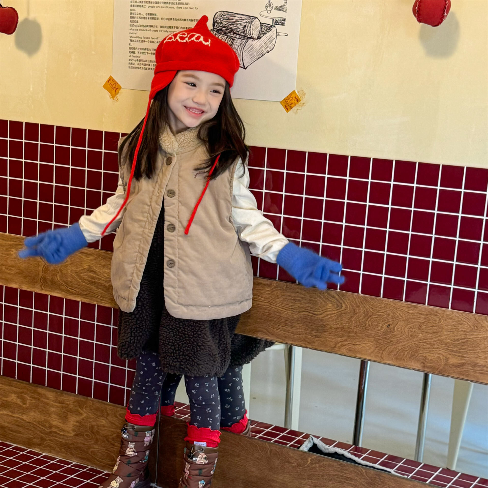 拼接毛領印字背心(80-130)