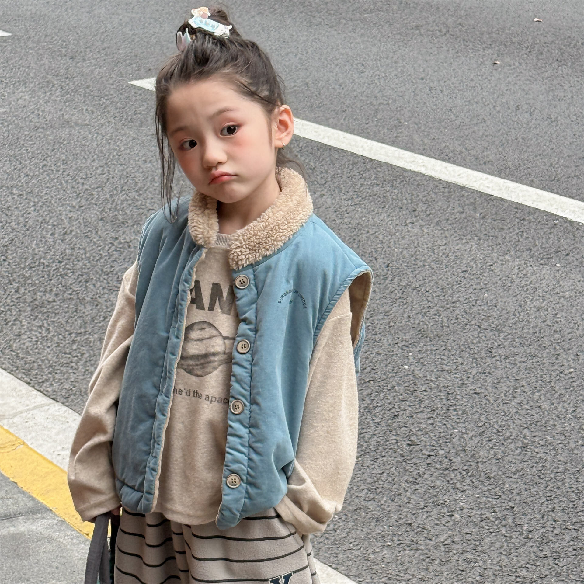 拼接毛領印字背心(80-130)