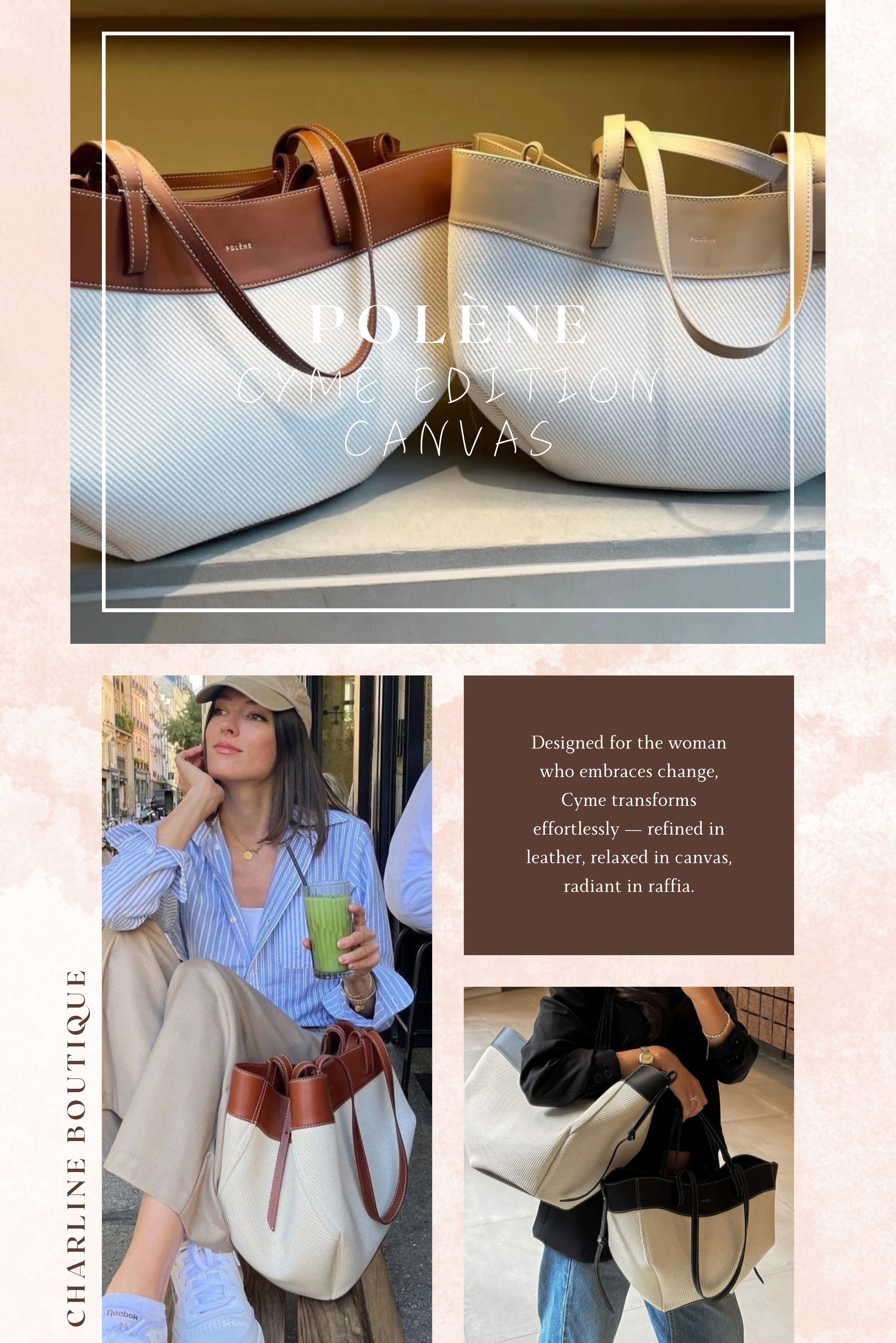 想要輕盈又隨性？Cyme Edition Canvas 拼皮帆布款超上癮 喜歡那種 Effortless Chic 的女孩，看到這款一定會一眼心動。 Cyme Canvas 以 堅韌帆布結合皮革滾邊，在輕盈與質感之間拿捏得剛剛好。 比起全皮款，帆布更透氣、重量更輕，超適合春夏或週末出遊。 📏 尺寸參考： * 標準款：34 × 40 × 19 cm，可放筆電、化妝包、水瓶沒問題。 * 迷你款：22 × 33 × 13 cm，可愛又實用，通勤也毫無壓力