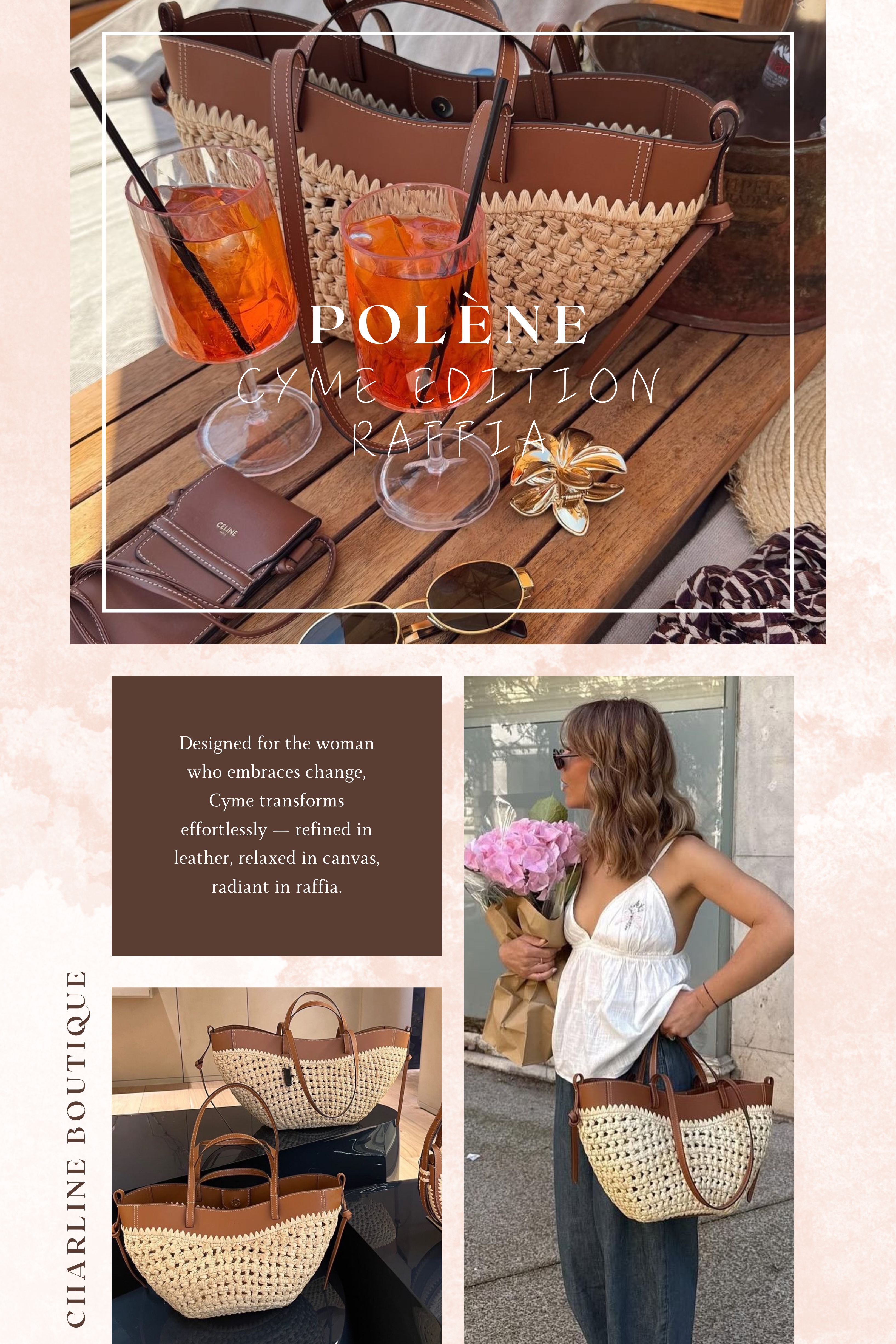 熱愛陽光與假期？Cyme Edition Raffia 草編款一秒進入夏日模式 看到這款的瞬間，小編腦中浮現南法的陽光和海風。 Raffia 草編款以 天然 Raffia 草編手工製成，結構細密又有彈性。 搭配皮革手柄與底座，讓它同時兼具輕盈與耐用。 📏 尺寸選擇： * 標準款：54.5 × 26.5 × 19 cm，大容量旅行包首選。 * 迷你款：44 × 22 × 13 cm，適合日常小旅行或週末出遊。