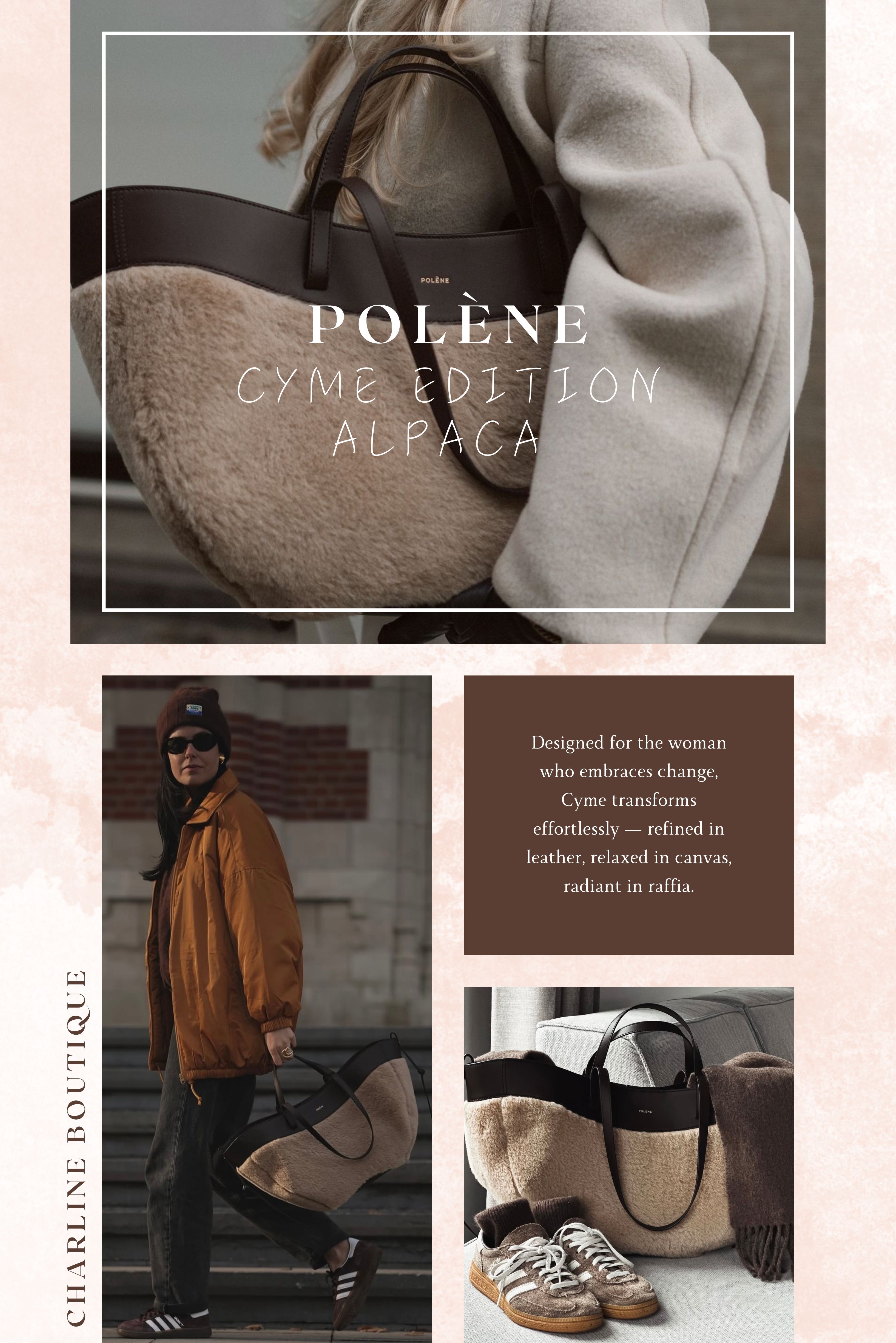 想要冬天的溫柔感？Cyme Edition Alpaca 羊駝毛款讓人一眼想抱著 如果 Raffia 是夏天的代表，那 Alpaca 絕對是冬天的主角！ 包身以 柔軟羊駝毛織料 製成，厚實又帶點蓬鬆毛感，摸起來就像穿上毛衣一樣療癒。 📏 尺寸資訊： * 唯一尺寸：57 × 32 × 17 cm，容量充裕，特別適合搭配大衣與長靴。