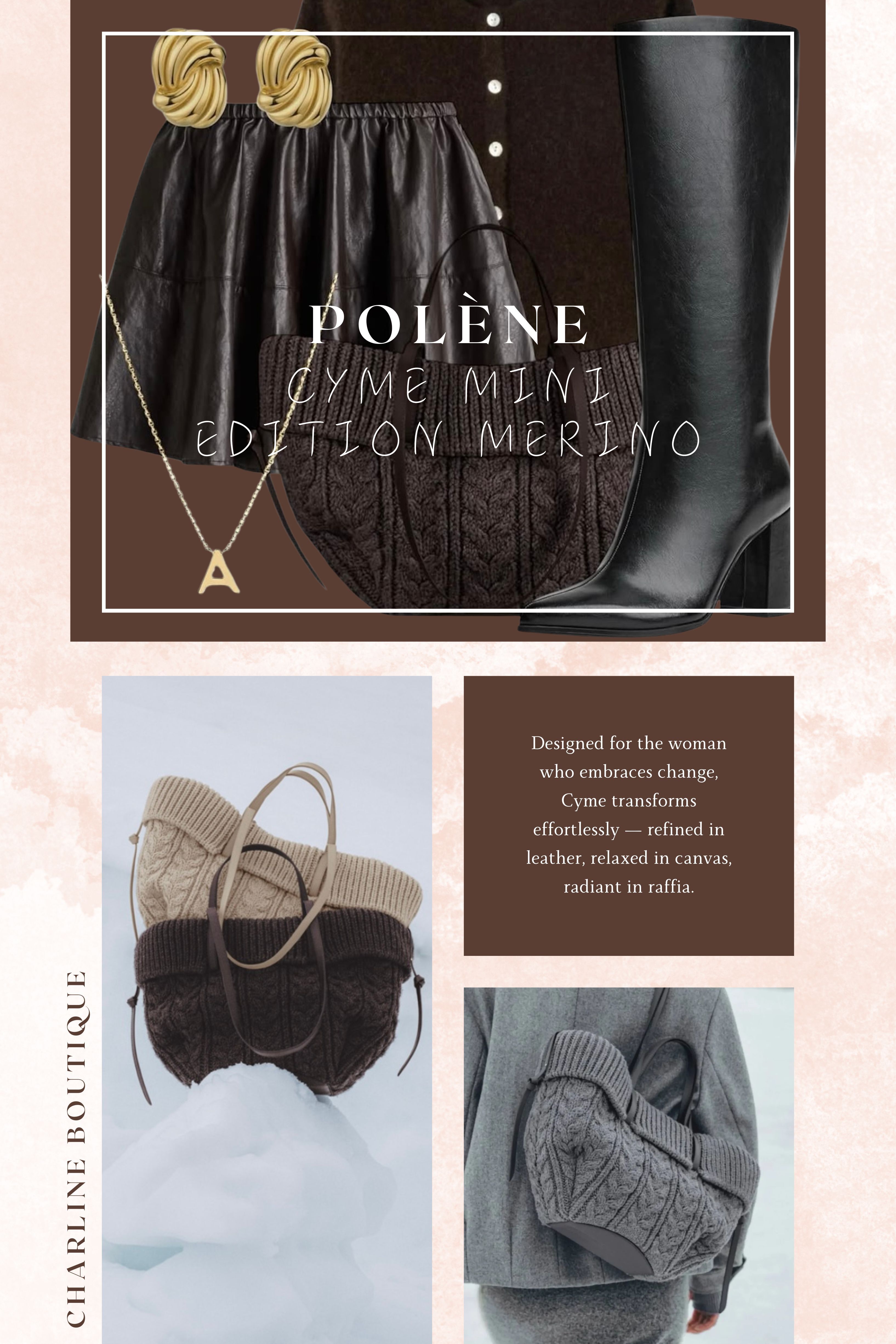 喜歡低調溫柔？Cyme Mini Edition Merino 羊毛款是柔軟系女孩的最愛 最後這款 Merino 是小編的私心珍藏。 採用 美麗諾羊毛（Merino Wool）混紡材質，觸感細緻、柔滑不刺膚， 包身帶有天然織紋與微微絨感，光是看著就覺得溫柔。 📏 尺寸資訊： * 單一尺寸：46 × 27 × 17 cm，容量實用又不笨重。