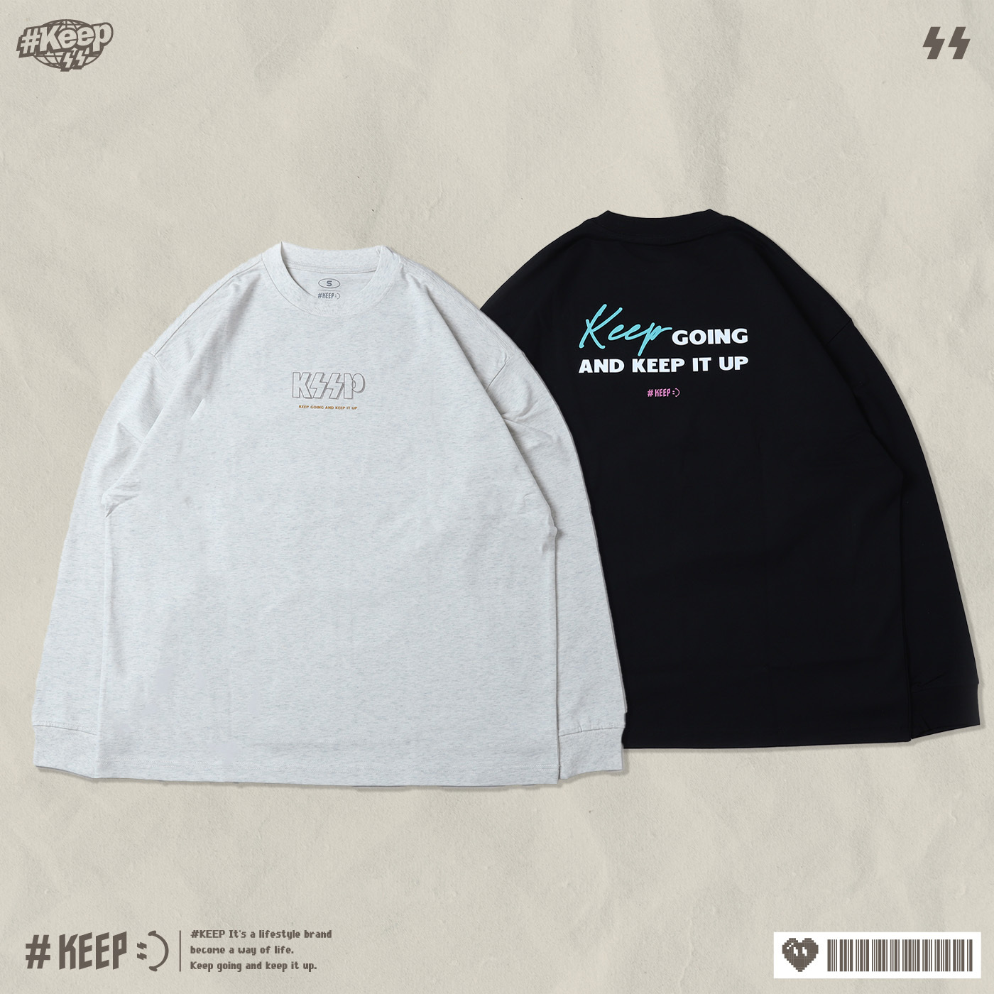 #KEEP IT UP SCRIPT LS TEE 燕麥色 黑色 印花 字母 寬版 落肩 潮流 手寫 長TEE【KS327】