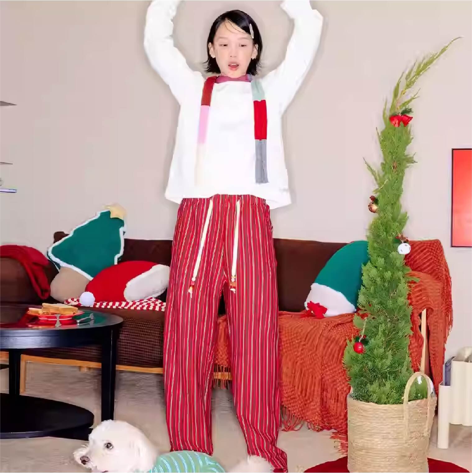 Fluffy Closet - 紅綠聖誕款條紋居家休閒褲