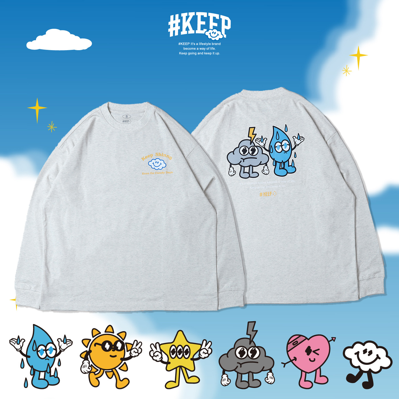 #KEEP THUNDER BROTHER LS TEE 燕麥色 印花 字母 寬版 落肩 雲朵 雨滴 閃電 雷神兄弟 長TEE【KS328】