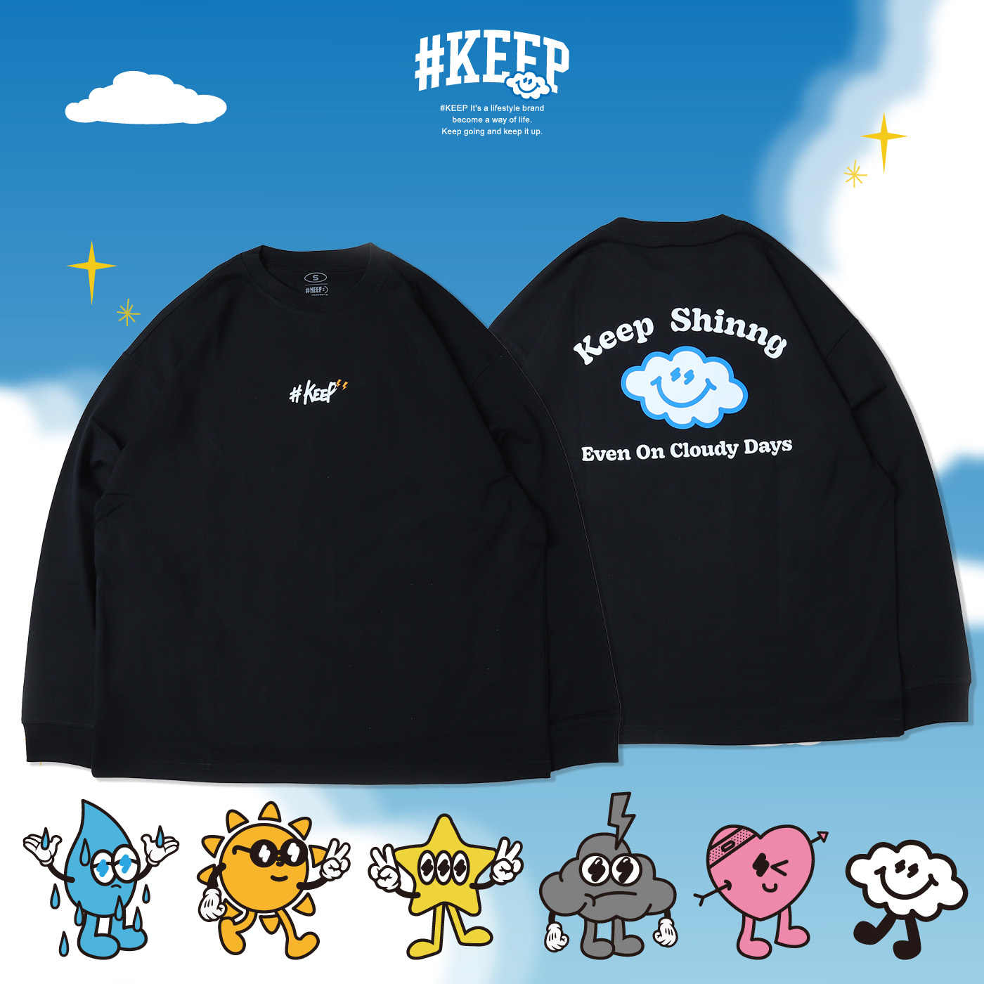 #KEEP GOOD MOOD LS TEE 黑色 印花 字母 寬版 落肩 雲朵 保持好心情 長TEE【KS329-BK】