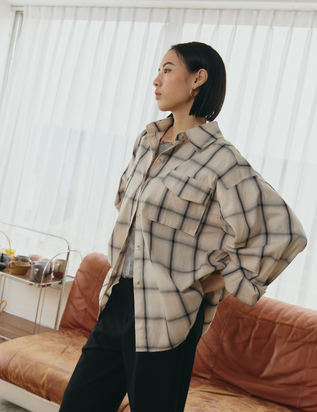 格紋雙口袋寬版襯衫